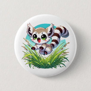 Badge Rond 5 Cm Un lémur adorable saute à travers de hautes herbes