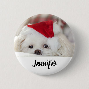 Badge Rond 5 Cm Un mignon chien blanc dans un Casquette de Noël ro
