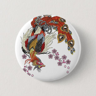 Badge Rond 5 Cm un phoenix magique assis sur une sakura fleurie