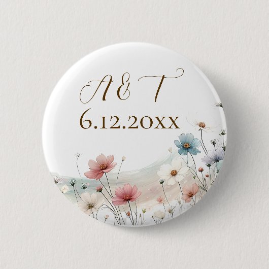 Badge Rond 5 Cm Une Elégante Aquarelle Fleur sauvage date Mariage (Devant)