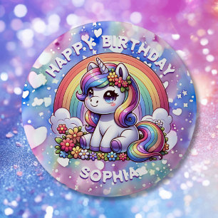 Badge Rond 5 Cm Unicorn et arc-en-ciel Personnalisé Anniversaire f