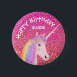 Badge Rond 5 Cm Unicorn Rose Parties scintillant Girls Anniversair<br><div class="desc">Surprenez un amoureux de la licorne avec ce mignon Unicorn rose Parties scintillant Girls Birthday Bouton personnalisé. Il est moderne, décoré d'un arrière - plan en faux parties scintillant rose et d'une jolie licorne blanche au centre. Ses cheveux sont en arc-en-ciel et ont des fleurs sur la tête. Le texte...</div>