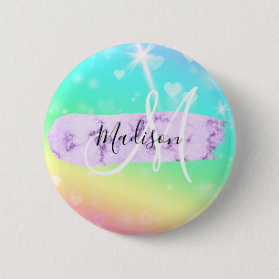 Badge Rond 5 Cm Unicorne colorée fille Coeurs arc-en-ciel Monogram