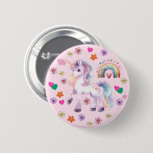 Badge Rond 5 Cm Unicorne colorée Fleurs arc-en-ciel