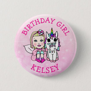 Badge Rond 5 Cm Unicorne rose et Fée fille d'anniversaire