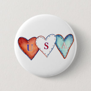 Badge Rond 5 Cm USA Bouton Coeurs Pride Amérique Rouge, Blanc & B
