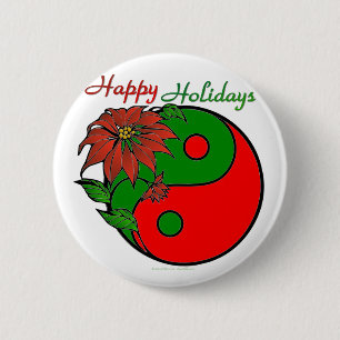Badge Rond 5 Cm Vacances Yin Yang Poinsettia Rouge Vert