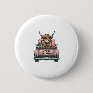 Badge Rond 5 Cm Vache des Highlands Camion de Noël Gravure Vintage