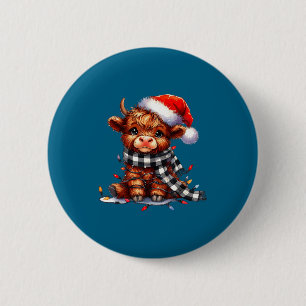 Badge Rond 5 Cm Vache des Highlands chapeau de Noël de Santa Mooey