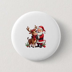 Badge Rond 5 Cm Vache des Highlands de Noël avec le Père Noël Écos