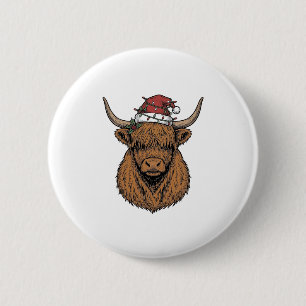 Badge Rond 5 Cm Vache des Highlands de Noël Gravure Vintage Chapea