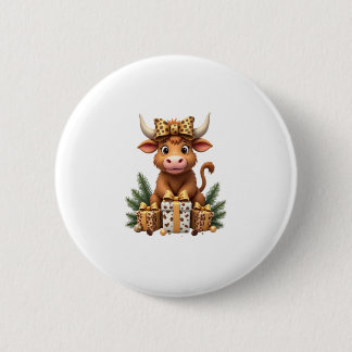 Badge Rond 5 Cm Vache des Highlands Mignonne Noël Santa Vache des