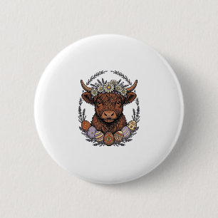 Badge Rond 5 Cm Vache des Highlands Pâques Art de l'oeuf floral vi