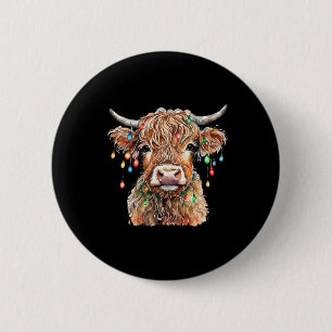 Badge Rond 5 Cm Vache Écossaise Fluffy Avec Lumières De Noël Chris