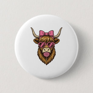 Badge Rond 5 Cm Vache Highland mignonne avec lunettes de cœur rose