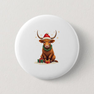 Badge Rond 5 Cm Vache Highland Noël Vintage avec Cadeaux Mignonne 