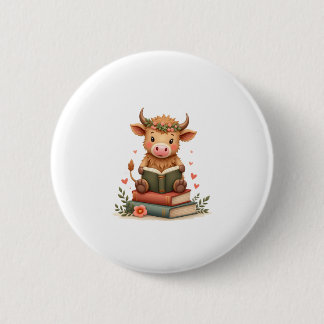 Badge Rond 5 Cm Vache Highland Vintage lisant des livres Floral Cu