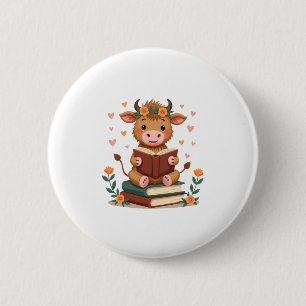 Badge Rond 5 Cm Vache Highland Vintage Lisant des Livres Floral Mi