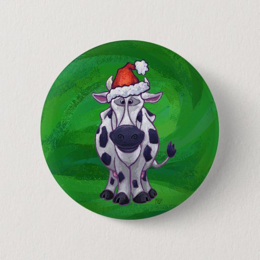 Badge Rond 5 Cm Vache Noël sur vert (Devant)