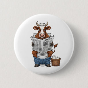 Badge Rond 5 Cm Vache sur Toilet, Animaux de ferme amusants