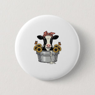 Badge Rond 5 Cm Vache vintage dans un tuba Tournesol Papillon Vect