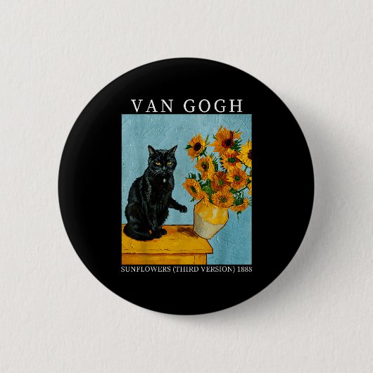 Badge Rond 5 Cm Van Gogh Black Cat With Sunflowers Funny Cat Meme (Devant)