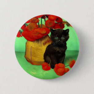 Badge Rond 5 Cm Van Gogh Black Kitten Fleurs rouges