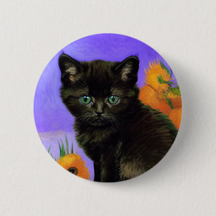 Badge Rond 5 Cm Van Gogh Kitten noir avec des tournesols