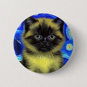 Badge Rond 5 Cm Van Gogh Starry Nuit Siamese Cat