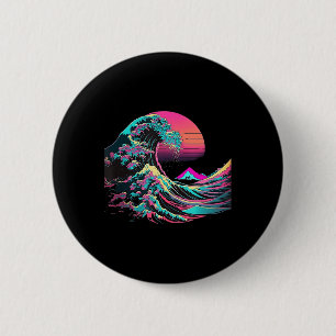 Badge Rond 5 Cm Vaperwave Glitch esthétique Great Wave Retrowave S