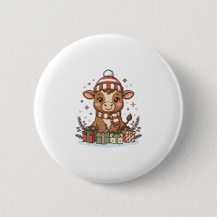 Badge Rond 5 Cm Veau de Noël mignon avec cadeaux Vintage Vector_1
