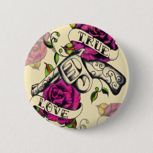 Badge Rond 5 Cm Véritable illustration de pistolet et de roses