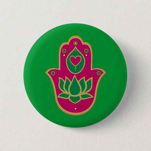 Badge Rond 5 Cm Vert et rose de Hamsa Lotus de henné (Devant)