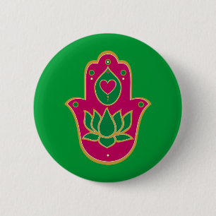 Badge Rond 5 Cm Vert et rose de Hamsa Lotus de henné