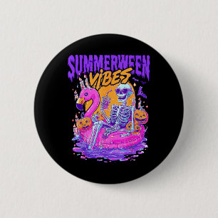 Badge Rond 5 Cm Vibes de Summerween squelette hanté flamant rose P