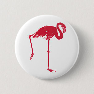Badge Rond 5 Cm Vintage Birds, un Flamant rose rose avec une jambe