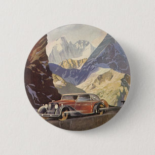 Badge Rond 5 Cm Vintage Car on Mountain Road in Winter with Snow