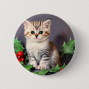 Badge Rond 5 Cm Vintage Christmas Kitten et Holly