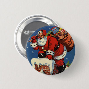 Badge Rond 5 Cm Vintage Christmas, Santa Claus Down Chimney w Toys