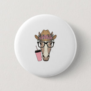 Badge Rond 5 Cm Vintage Cowgirl Cheval Avec Fleurs et Boisson Rose
