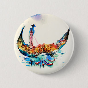 Badge Rond 5 Cm Vintage Gondola Venise Ville Voyage Amour Aquarell