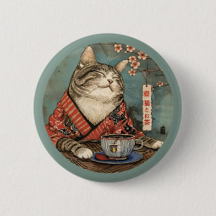 Badge Rond 5 Cm Vintage japonais art chat heureux avec une tasse d