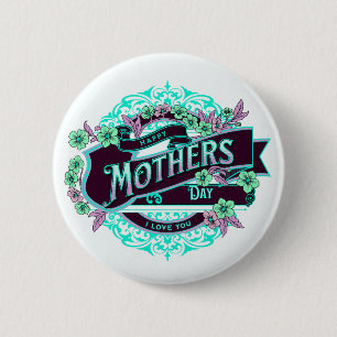 Badge Rond 5 Cm Vintage Joyeuse Fête des Mères Vert Violet Floral