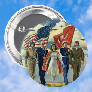Badge Rond 5 Cm Vintage Patriotique, Fiers Héros du personnel mili