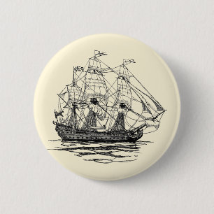 Badge Rond 5 Cm Vintage Pirates Galleon, croquis d'un navire à 74 