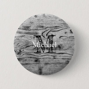 Badge Rond 5 Cm Vintage rustique gris noir bois brûlé Monogramme