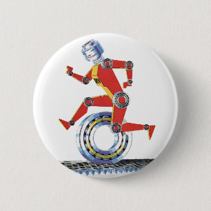 Badge Rond 5 Cm Vintage Science Fiction Robot Running with Wheel