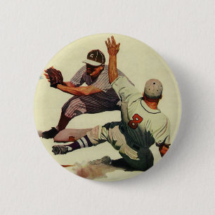 Badge Rond 5 Cm Vintage Sports Baseball, Player Sliding into Home