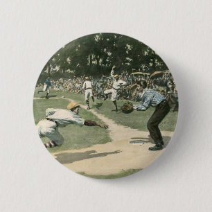 Badge Rond 5 Cm Vintage Sports, Baseball Player Sliding into Home
