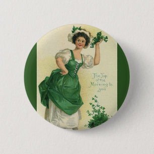 Badge Rond 5 Cm Vintage St. Patrick's Day Irish Lass avec Clovers